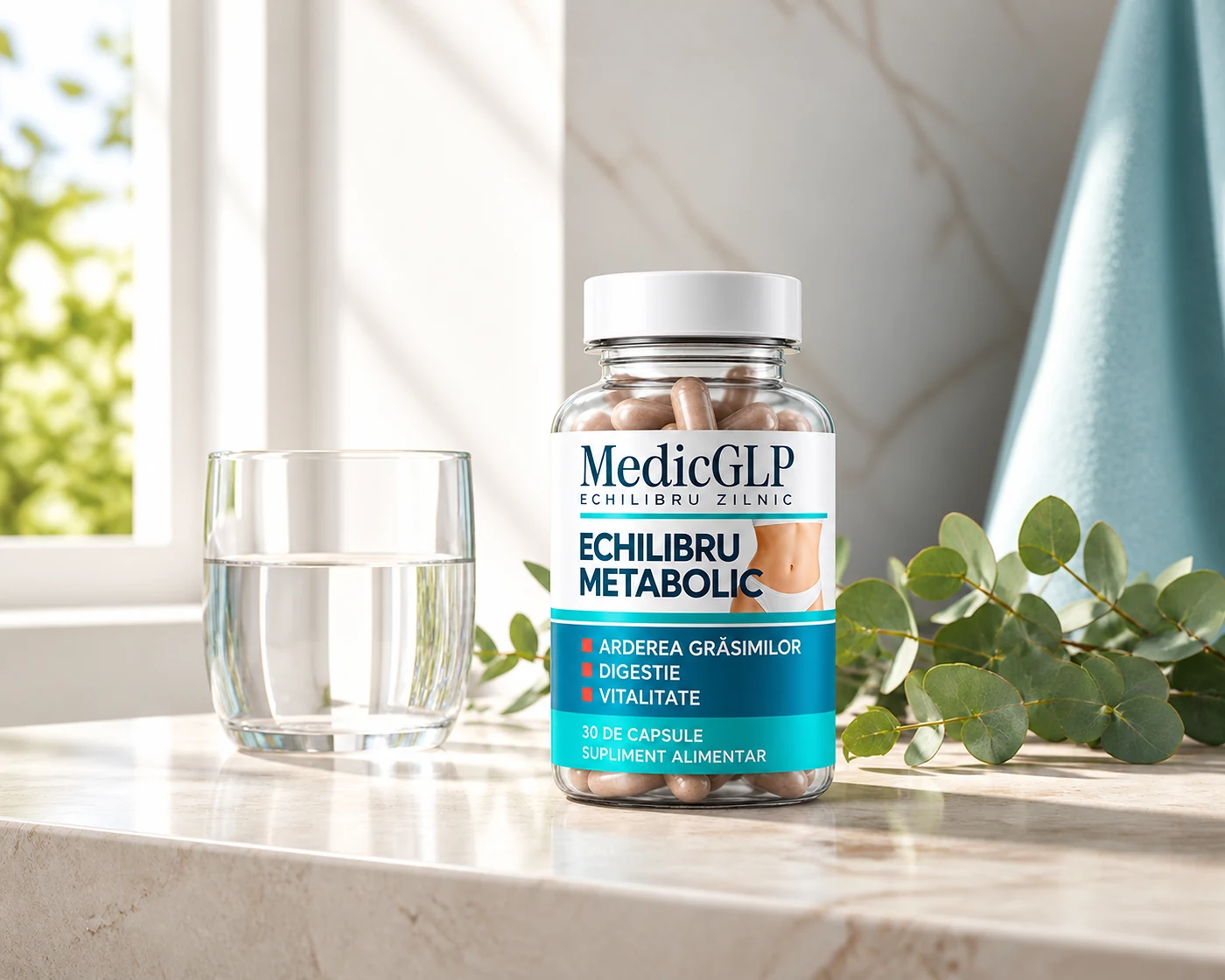 MedicGLP Daily Balance lângă un pahar cu apă, într-un decor luminos